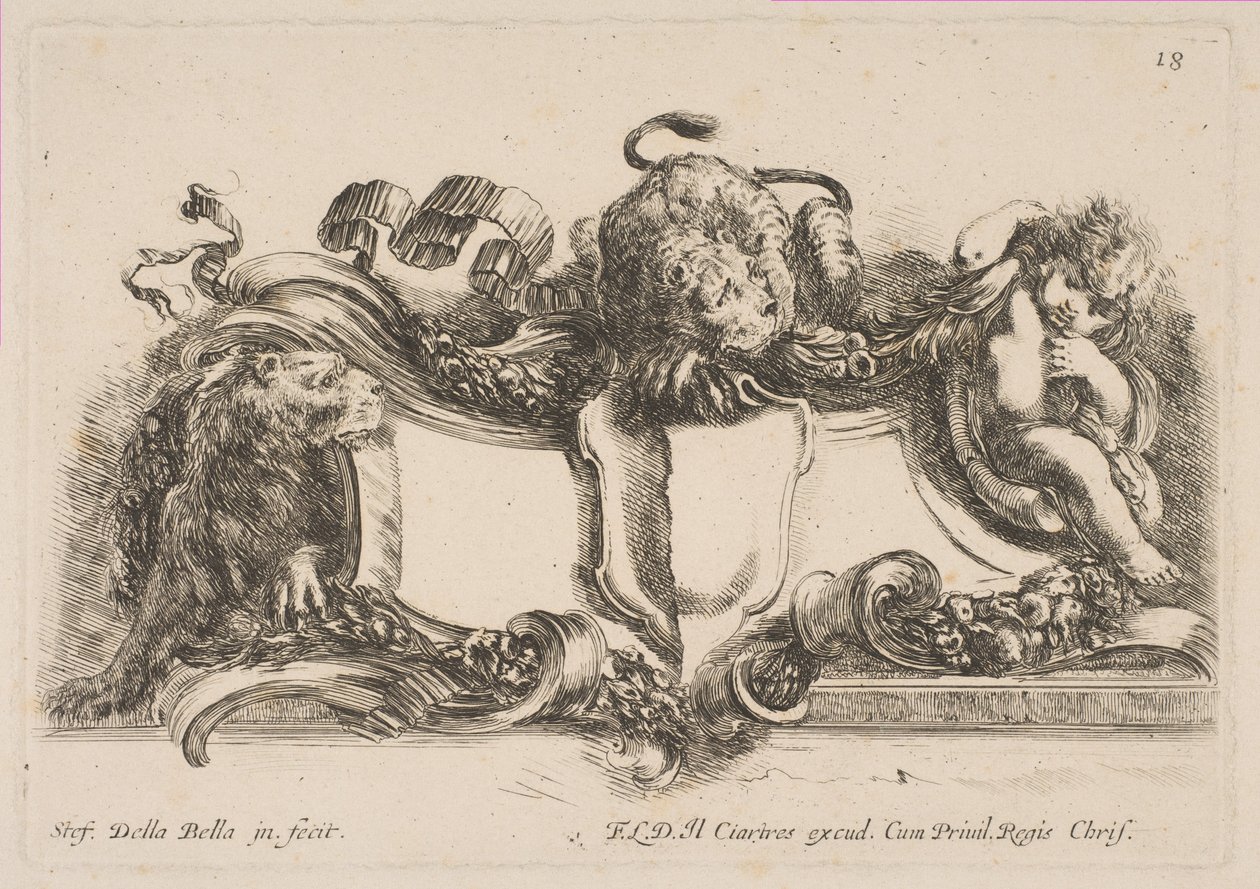 Kartusj som inneholder et tomt skjold overbygd av en løve og innrammet av en løve og et barn, 1646. av Stefano della Bella