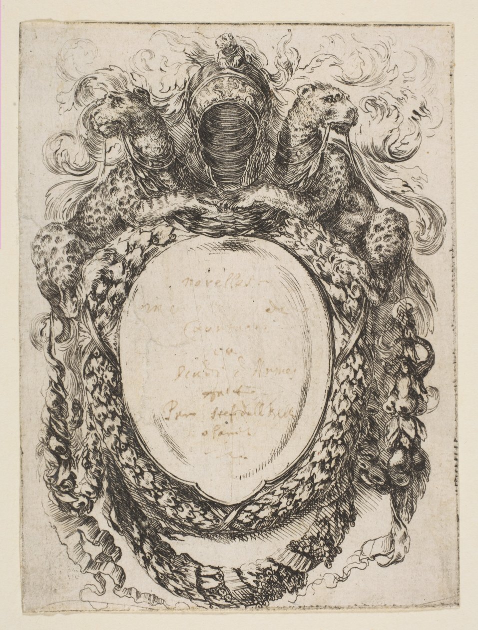 Cartouche kronet av hjelm og leoparder, 1647. av Stefano della Bella