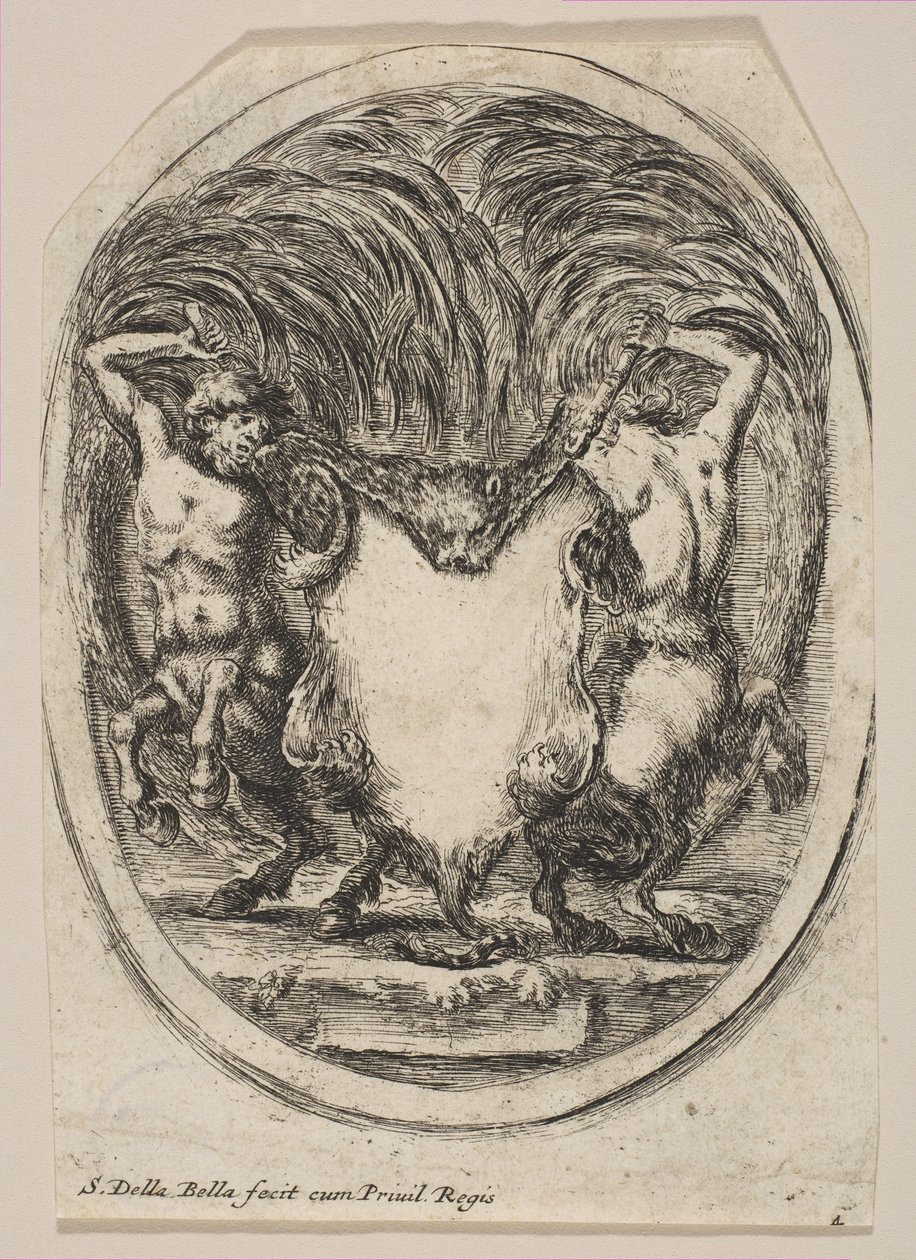 Cartouche dannet av et tigerskinn flankert av to kentaurer, 1647. av Stefano della Bella