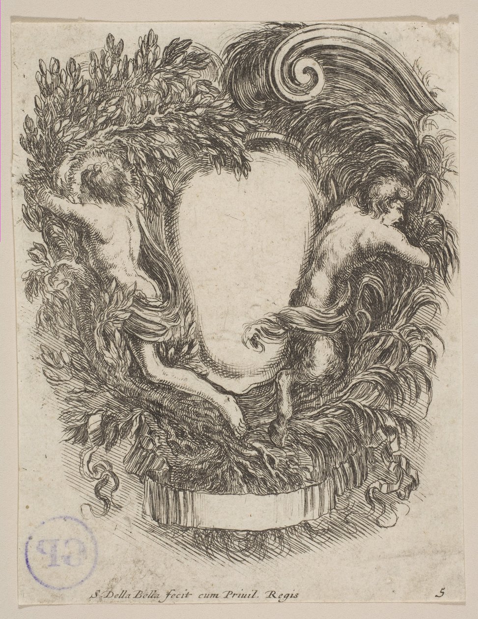 Kartusj innrammet av Apollo og Pan, 1647. av Stefano della Bella