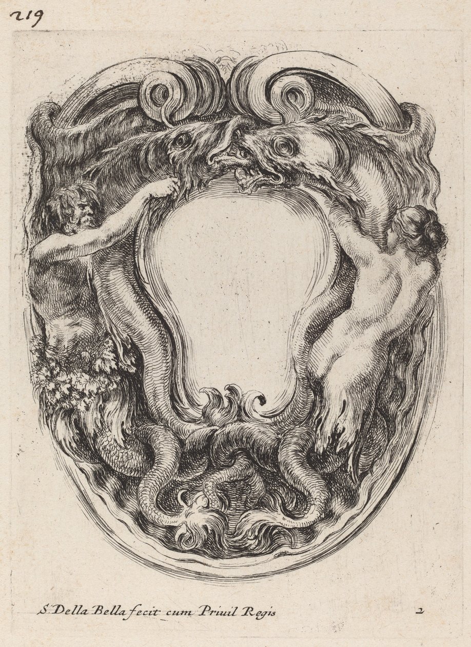 Cartouche støttet av Triton og Siren, 1647. av Stefano della Bella