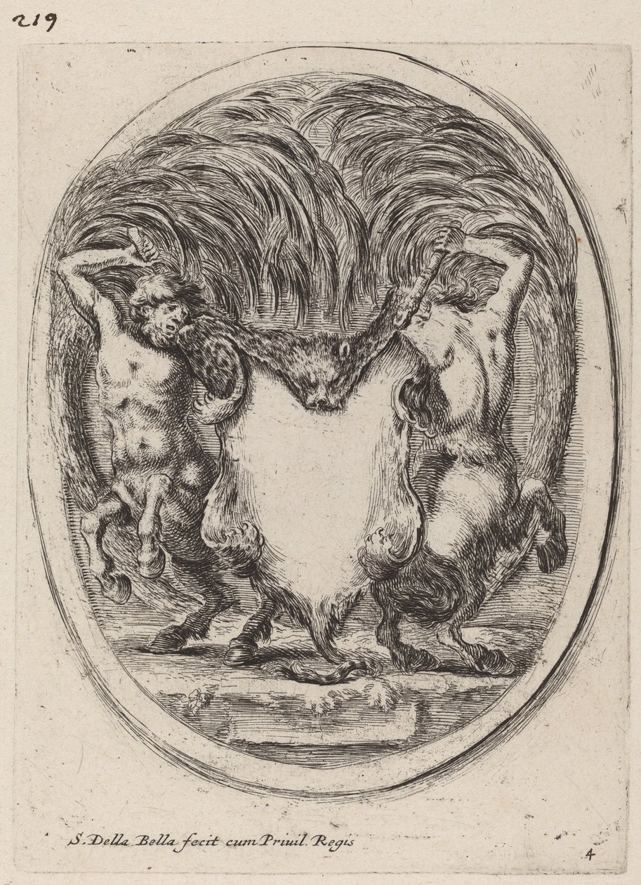 Cartouche i form av en flået tiger støttet av kentaurer, 1647. av Stefano della Bella