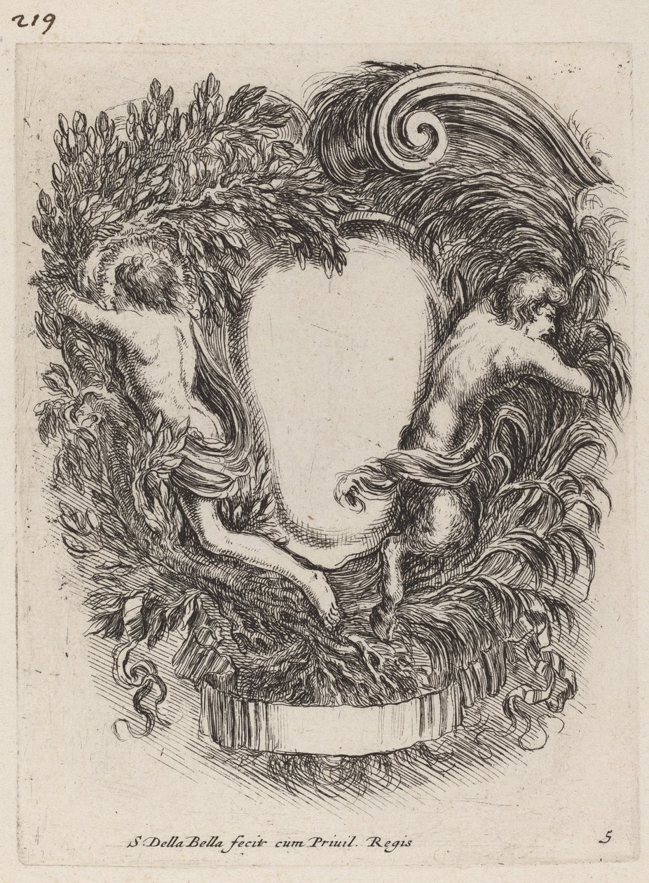 Cartouche med Apollo og Pan av Stefano della Bella