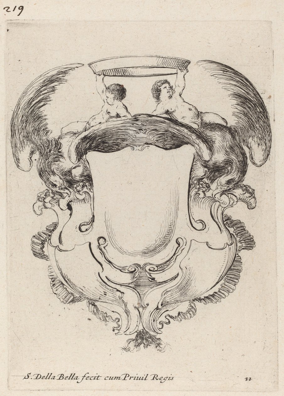 Kartusj med ørner og to spedbarn som holder en krone, 1647. av Stefano della Bella