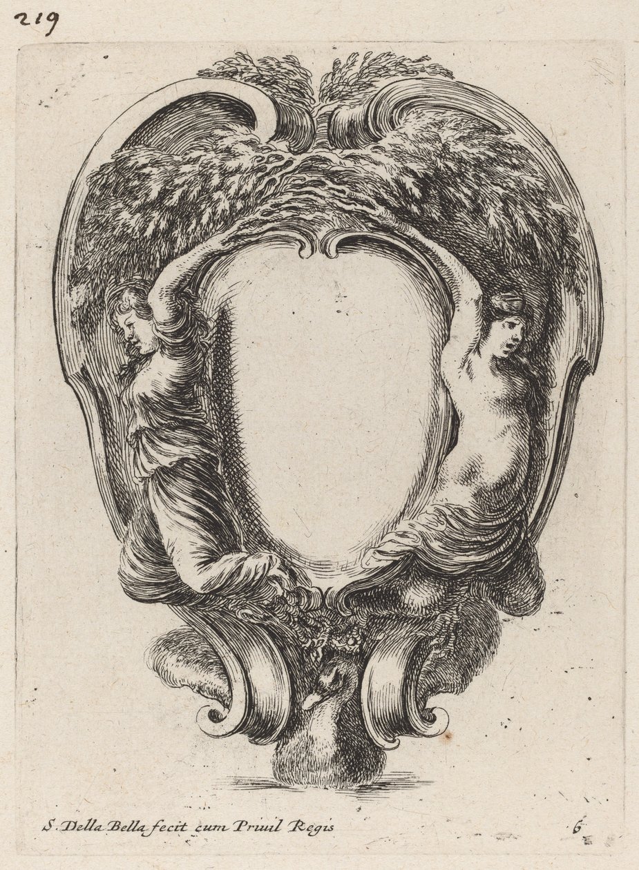 Cartouche with Two Nymphs Metamorphosed into Trees, 1647. av Stefano della Bella