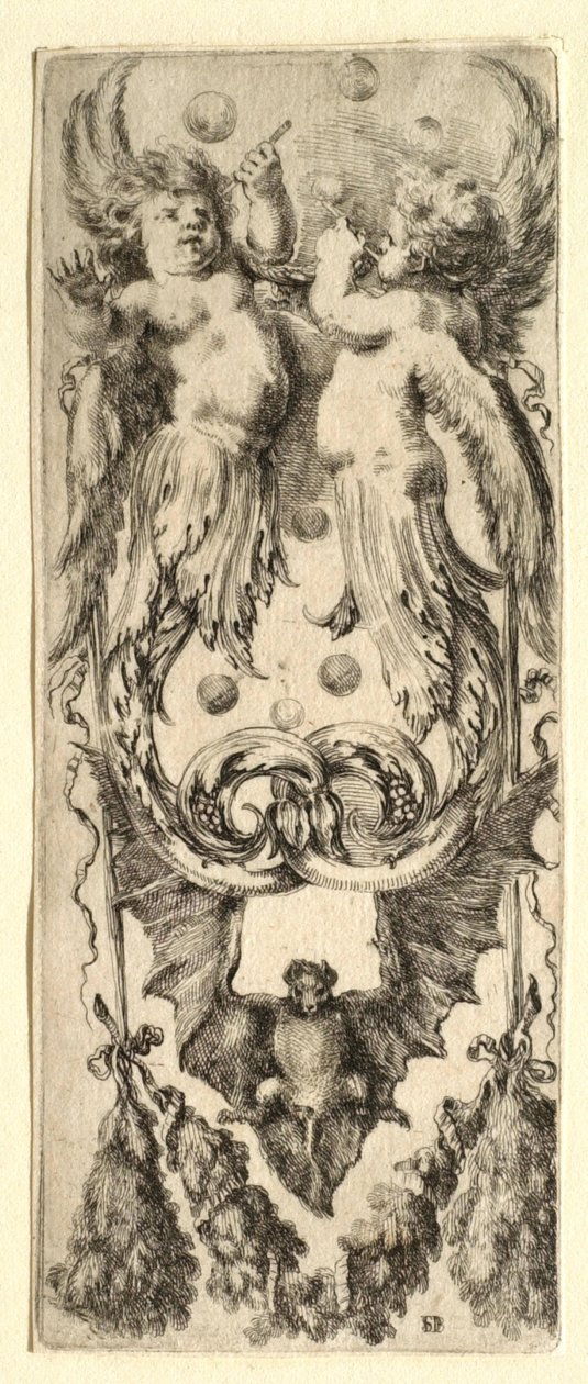 Putti som blåser bobler, flaggermus og girlander av Stefano della Bella