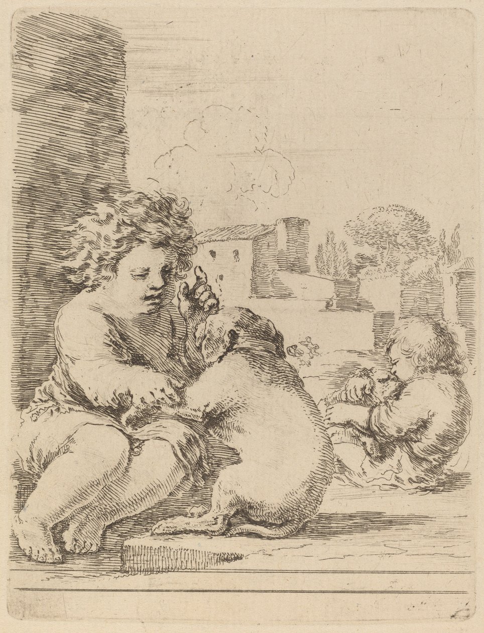 Barn som leker med en hund av Stefano della Bella