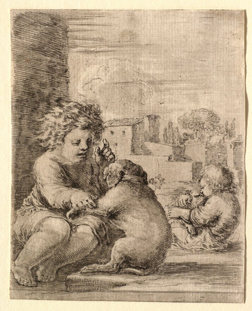 Barn lærer en hund å sitte på bakbeina av Stefano della Bella