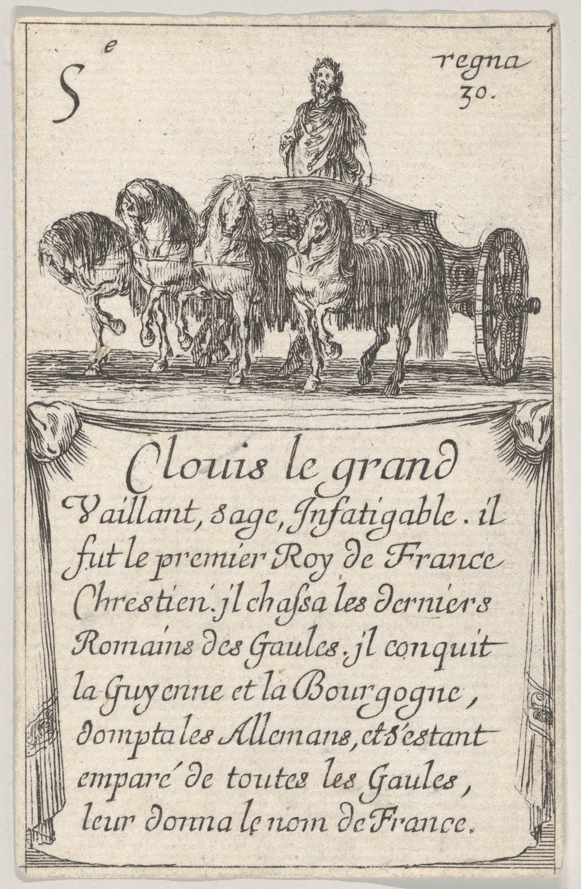 Clovis le grand Vaillant, vismann..., fra Game of the Kings of France Jeu des Rois de F..., 1644. av Stefano della Bella