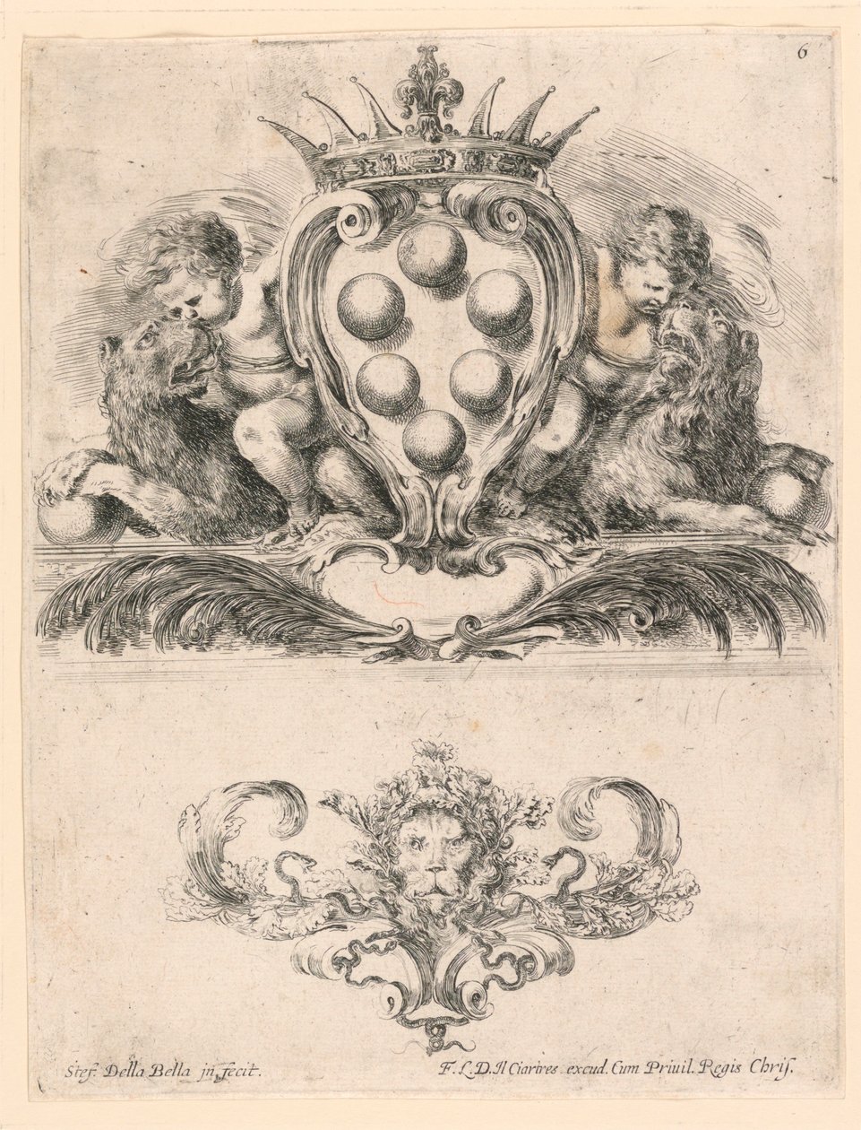 Coat of Arms of the Grand Duke of Toscana: Ornament with a Lion Mask, nr. 6 fra "Samling av diverse capriccii et ni oppfinnelser av mapper og ornamenter" av Stefano della Bella