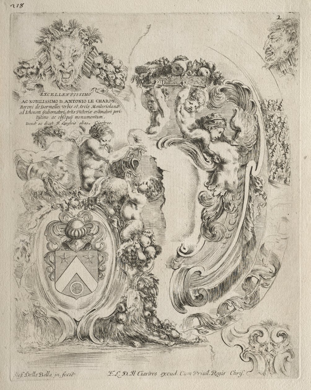 Samling av forskjellige caprices og nye design av kartusjer og ornamenter: nr. 2, dedikasjonsside av Stefano della Bella