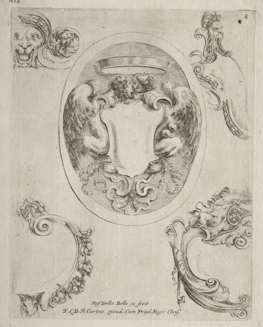 Samling av forskjellige caprices og nye design av kartusjer og ornamenter: nr. 8 av Stefano della Bella