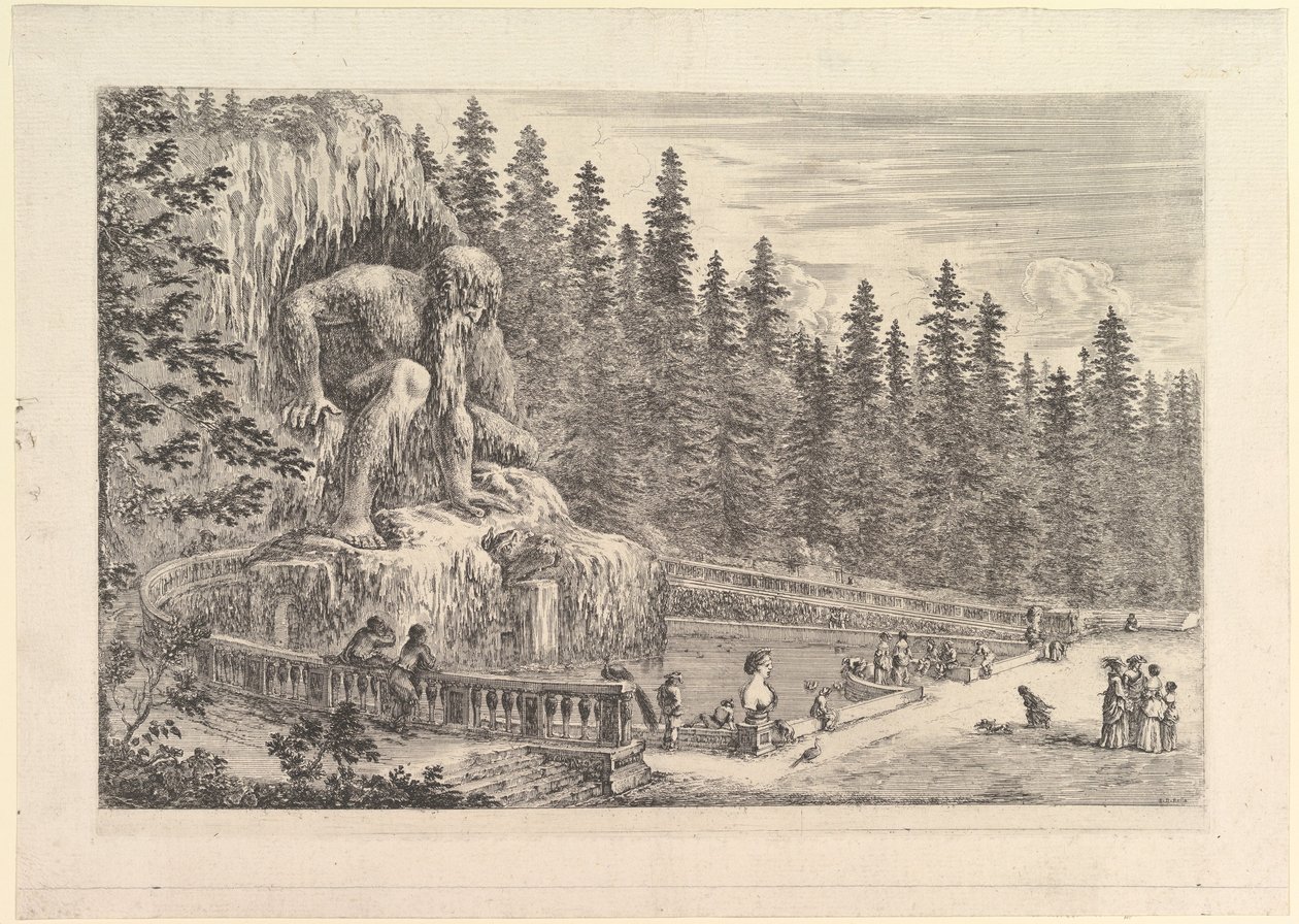 Kolossal statue av Appenino av Giambologna til venstre, representert som en gigantisk crouchi..., ca. 1653. av Stefano della Bella
