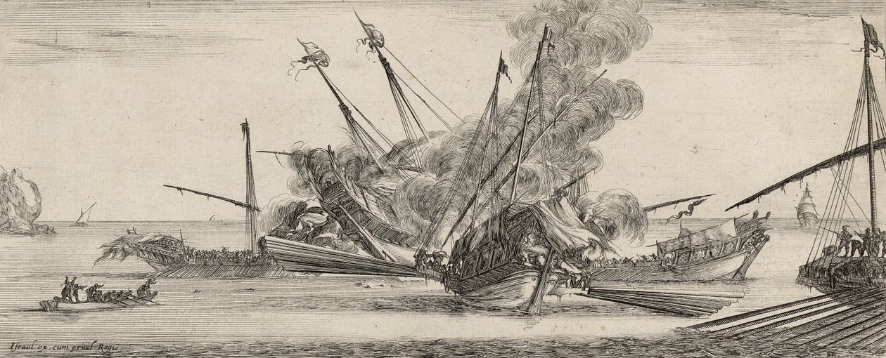 Combat Naval (etsing på lagt papir) av Stefano della Bella