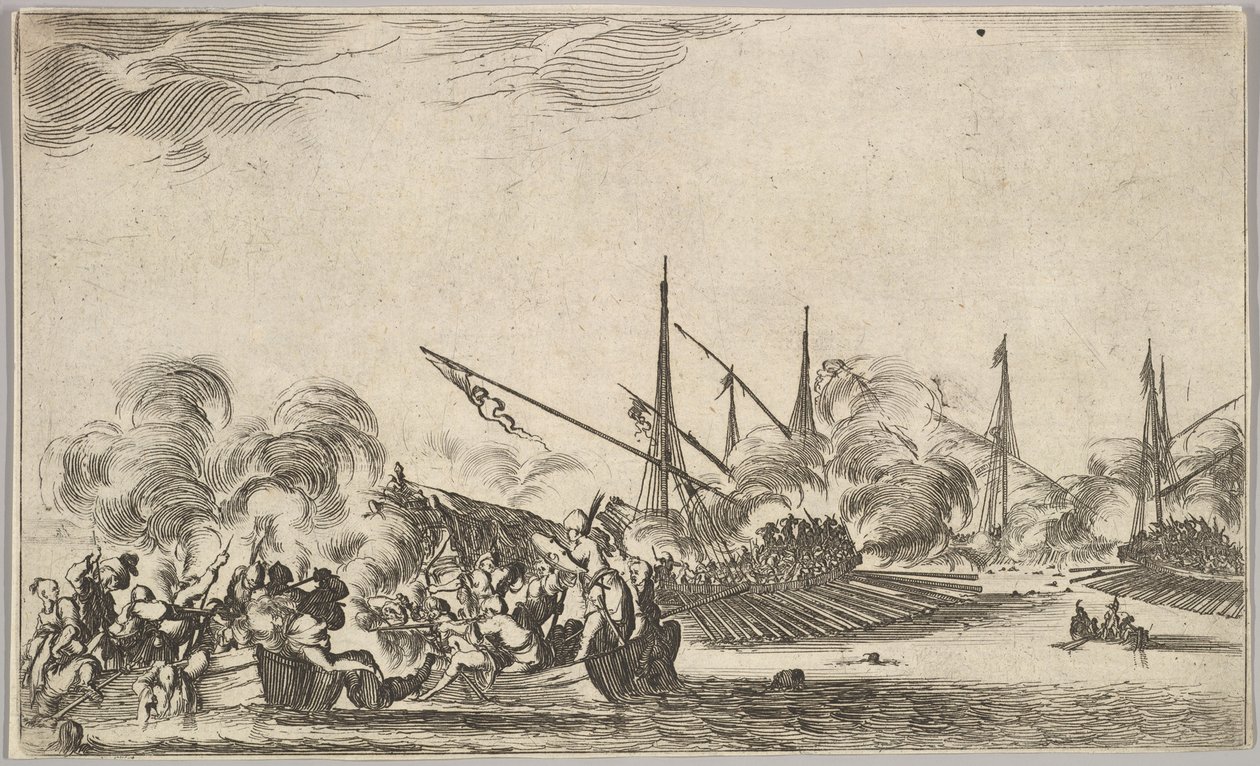 Kamp mellom flere robåter og skip, to grupper menn i robåter som kjemper til venstre..., 1639. av Stefano della Bella