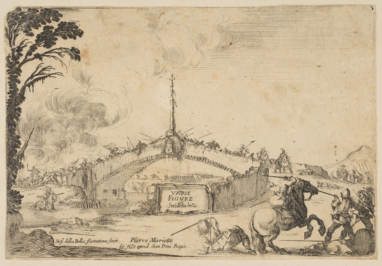 Kamp på en bro, en rytter og to fotsoldater kjemper med sverd nederst til høyre..., ca. 1645. av Stefano della Bella