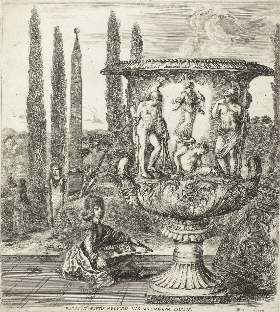 De unge Cosimo III de Medici tegnet av Medici-vaas Roma, i hagene til Medici, en eksepsjonell marmor (tittel på objekt) Visninger av Roma og omgivelser (serietittel) Six grandes vues, dont quatre de Rome et deux de la Campagne romaine (serietittel) av Stefano della Bella