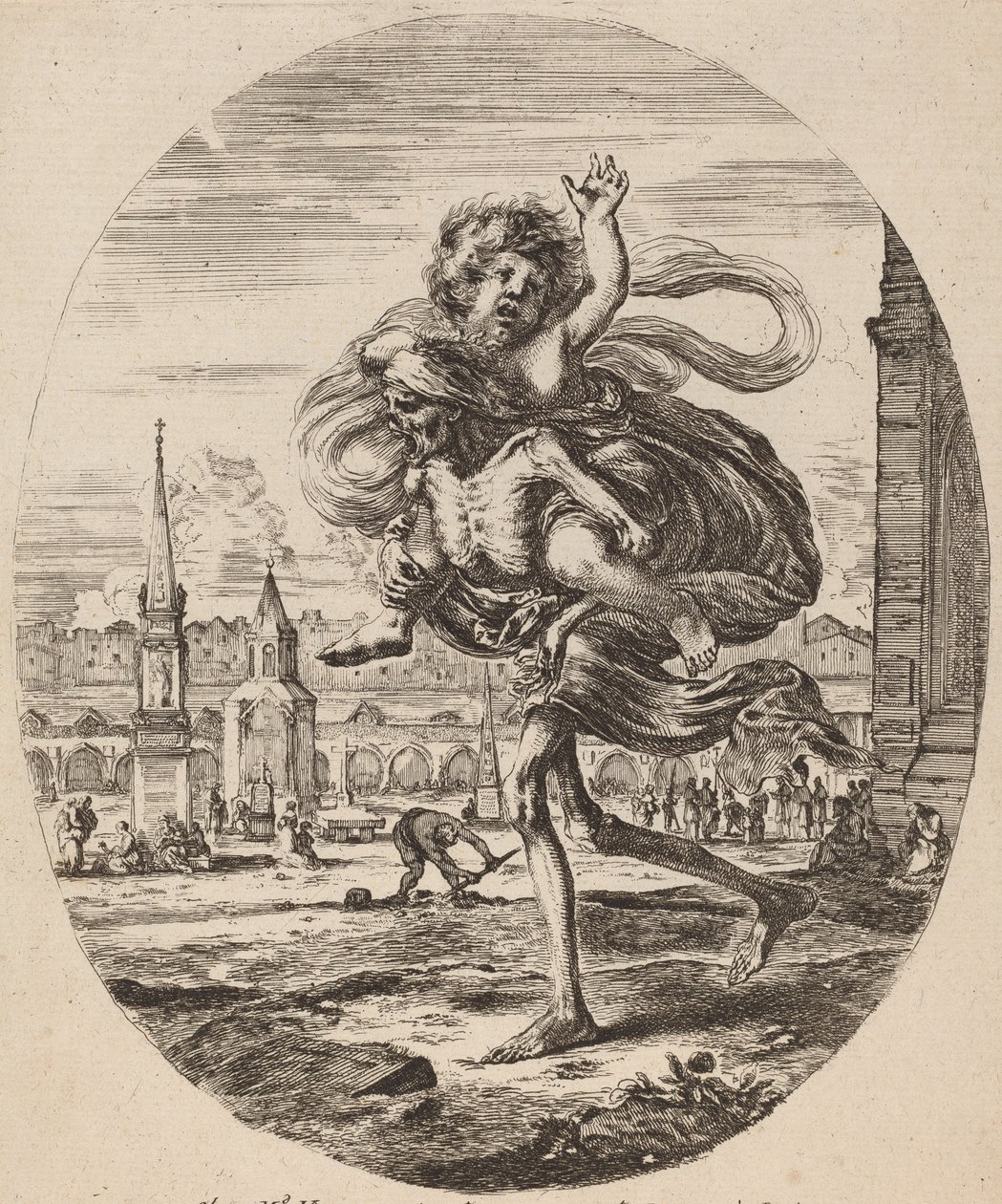 Death Carrying a Child to the Left, probably 1648.    1208445   no       norwegian Successfully Translated  Original: Lily of the Ballet (Terpsichorea.), illustration from The Bogus Book of Botany by John Weir Translat: Lily of the Ballet (Terpsichorea.),  av Stefano della Bella