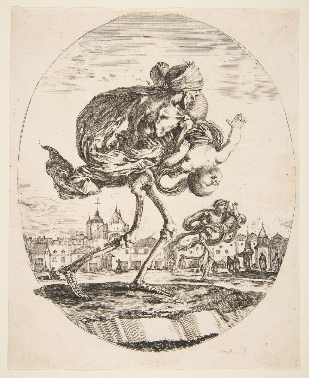 Death Carrying an Infant, fra De fem dødsfallene Les cinq Morts, ca. 1648. av Stefano della Bella