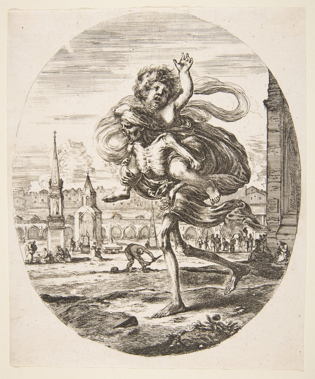 Døden som bærer et barn, fra De fem dødsfallene Les cinq Morts, ca. 1648. av Stefano della Bella