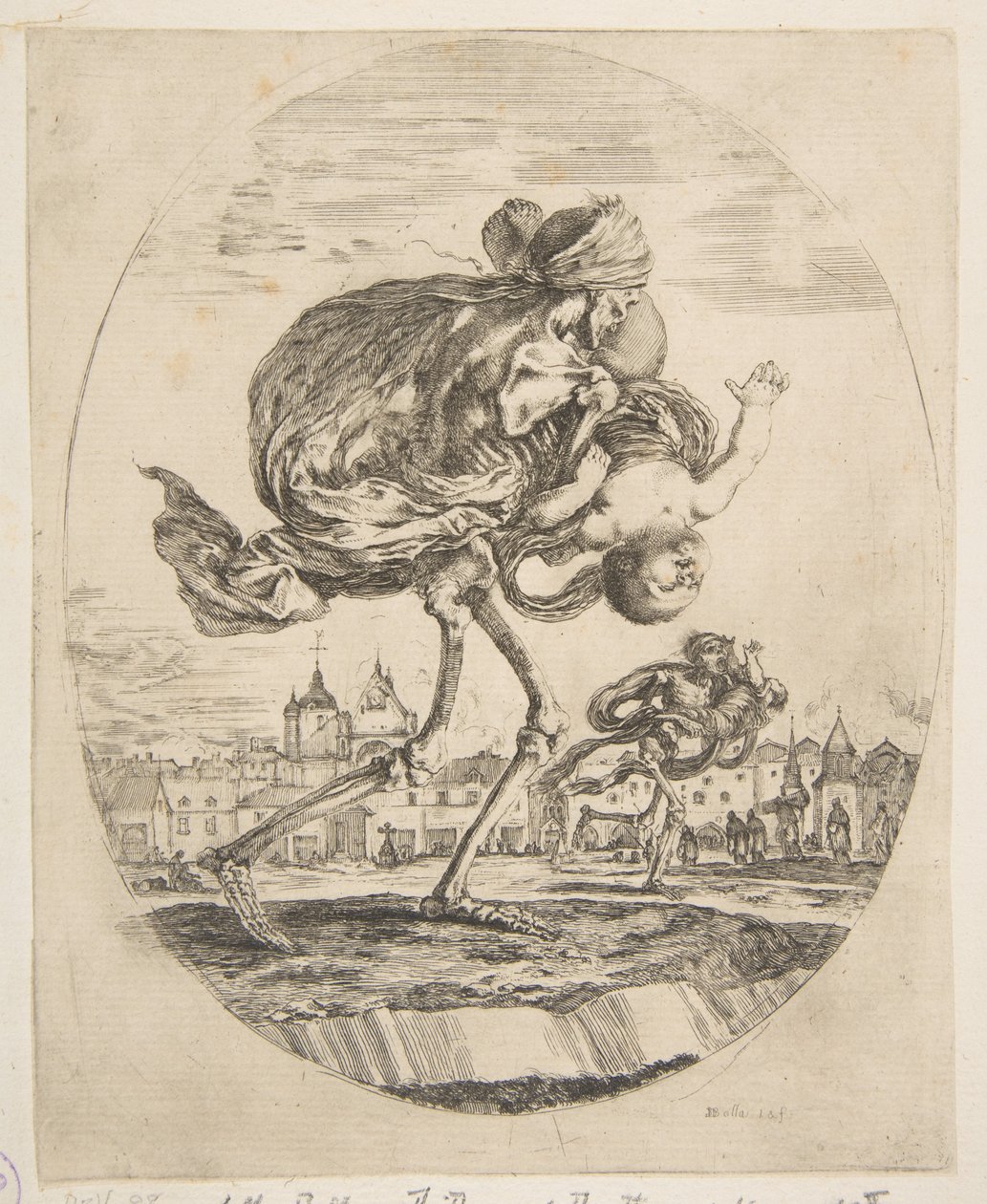 Død som bærer et spedbarn, fra The five deaths Les cinq Morts, ca. 1648. av Stefano della Bella