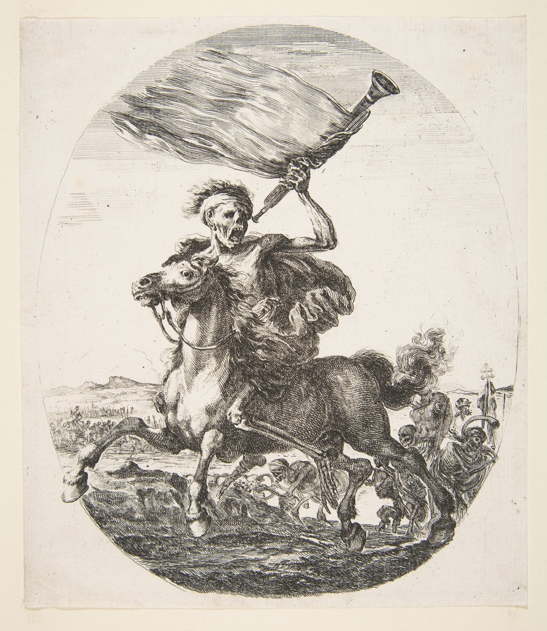 Døden på hesteryggen holder en trompet, fra The five deaths Les cinq Morts, ca. 1648. av Stefano della Bella