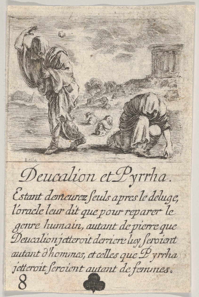 Deucalion and Pyrrha, fra Game of Mythology Jeu de la Mythologie, 1644. av Stefano della Bella