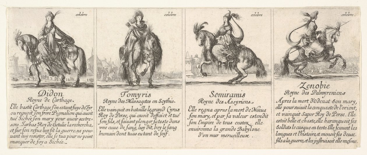 Dido, Tomyris, Semiramis og Zenobie, fra "The game of queens" av Stefano della Bella
