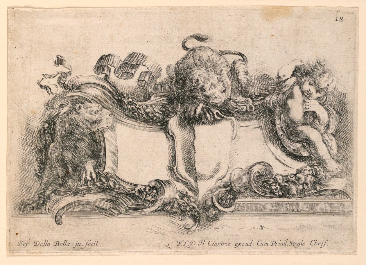 Escutcheon, nr. 18 fra "Samling av forskjellige lure og ni oppfinnelser av mapper og ornamenter" av Stefano della Bella