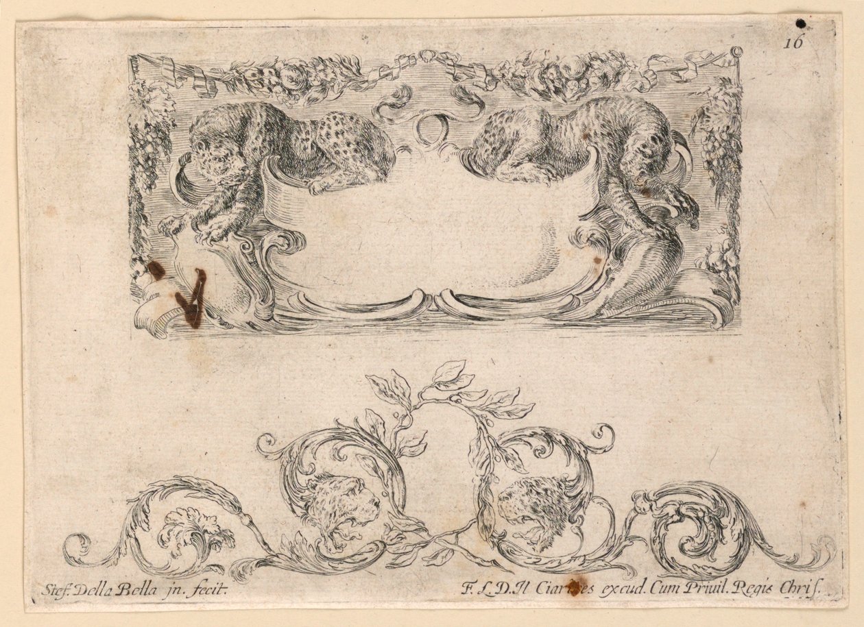 Escutcheon, Rinceaux, No. 16 fra "Samling av forskjellige innfall og ni oppfinnelser av mapper og ornamenter" av Stefano della Bella