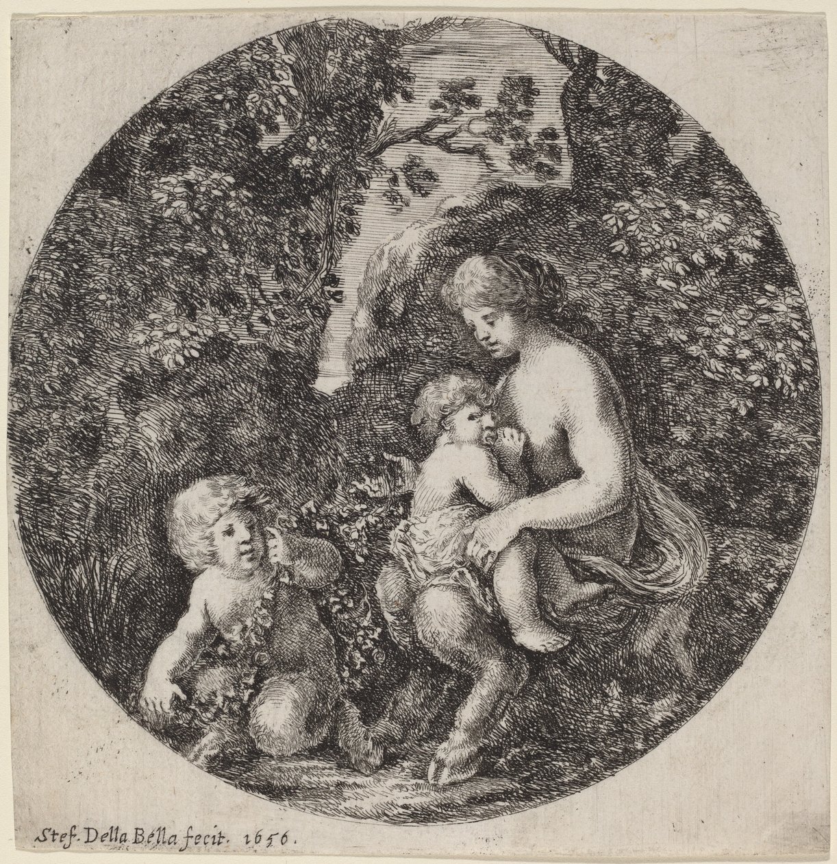 Kvinnelig Satyr som ammer et barn i et skogslandskap av Stefano della Bella
