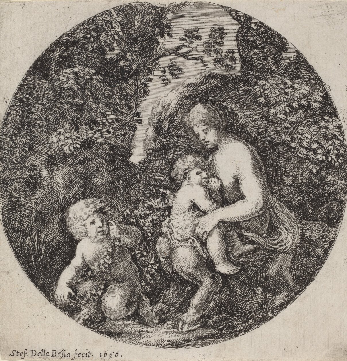 Kvinnelig Satyr som ammer et barn i et skogslandskap, 1656. av Stefano della Bella