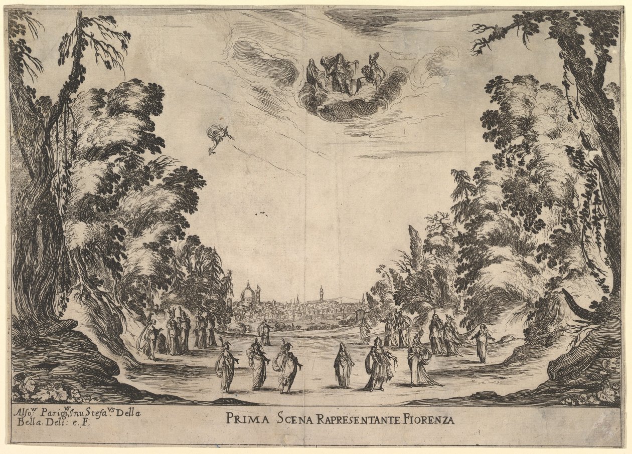 Første scene, i Firenze, fra gudenes ekteskap Le nozze degli Dei, 1637. av Stefano della Bella