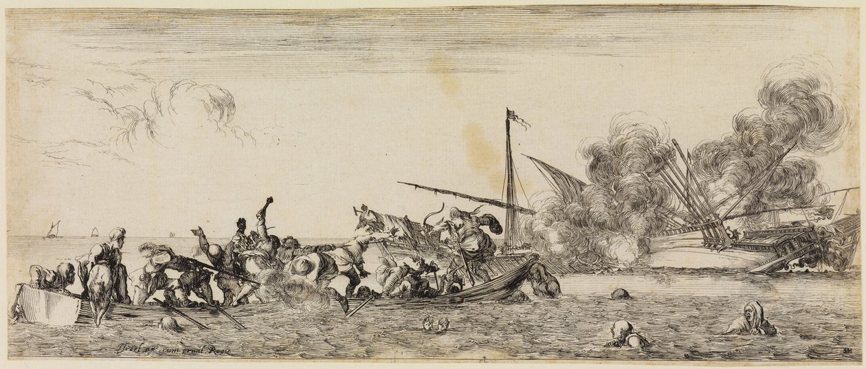 Fred og krig (Et pace et bello): sjøslag med en robåt i forgrunnen av Stefano della Bella
