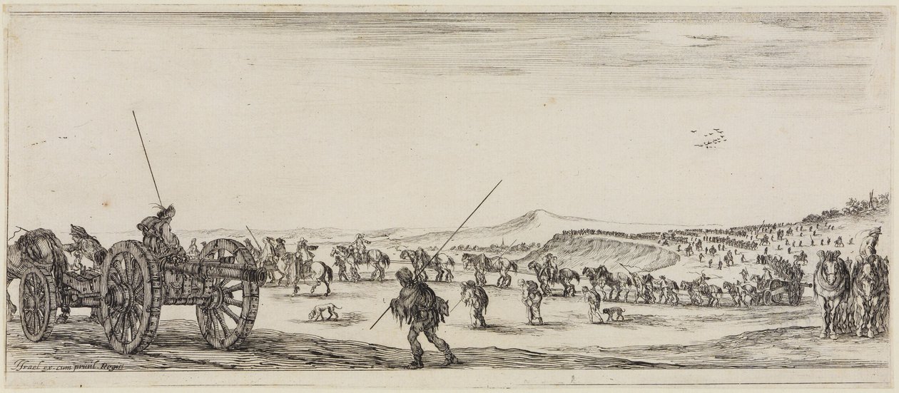 Fred og krig (Et pace et bello): Figurer med kanoner og to soldater utstyrt med lange lanser av Stefano della Bella
