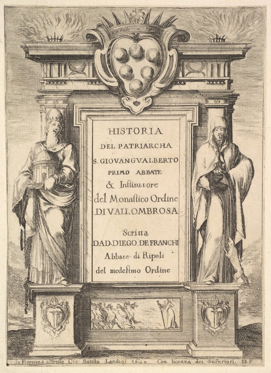 Frontispice: et monument dekorert med Medicis våpenskjold øverst i midten, flammer a..., 1640. av Stefano della Bella