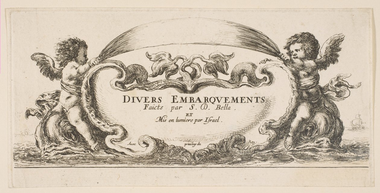 Frontispice: cartouche i midten, putti på hver side riding på delfiner, fra 'V..., ca. 1646-47. av Stefano della Bella