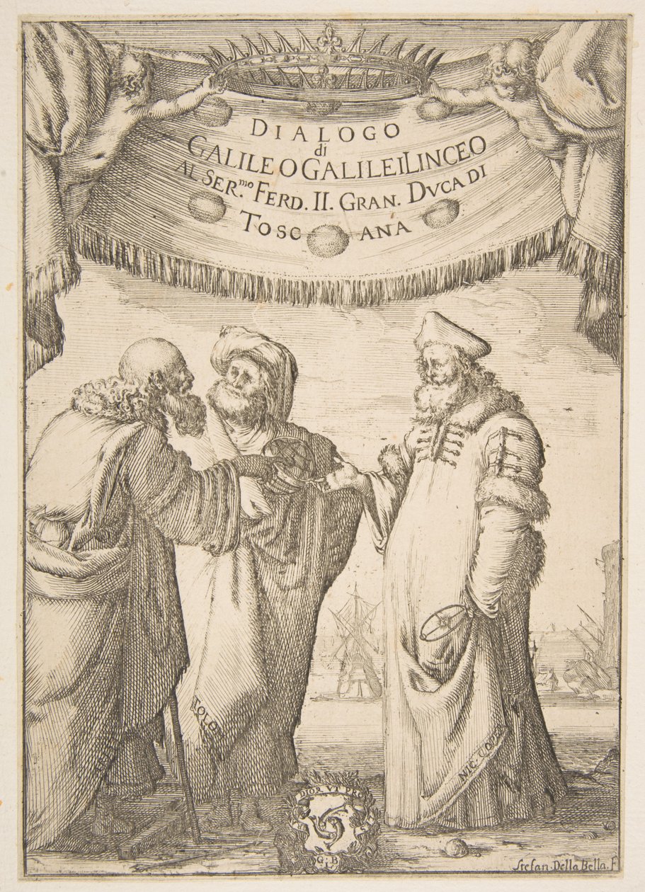 Frontispice for Dialogue av Galileo Galilei, 1632. av Stefano della Bella