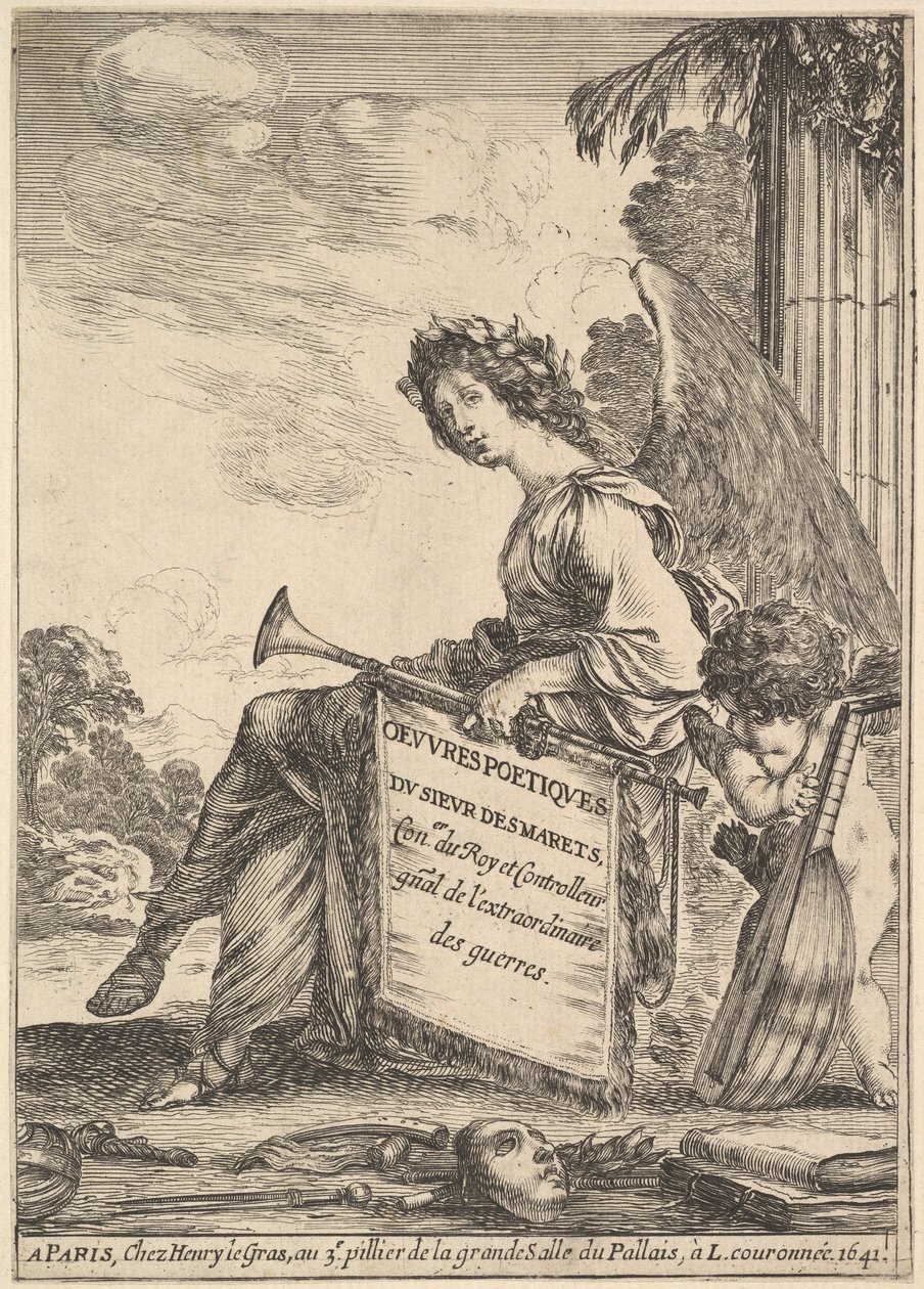 Frontispice for dikt av Desmarets Oeuvres poétiques de Desmarets: a winged woman rep..., 1641. av Stefano della Bella
