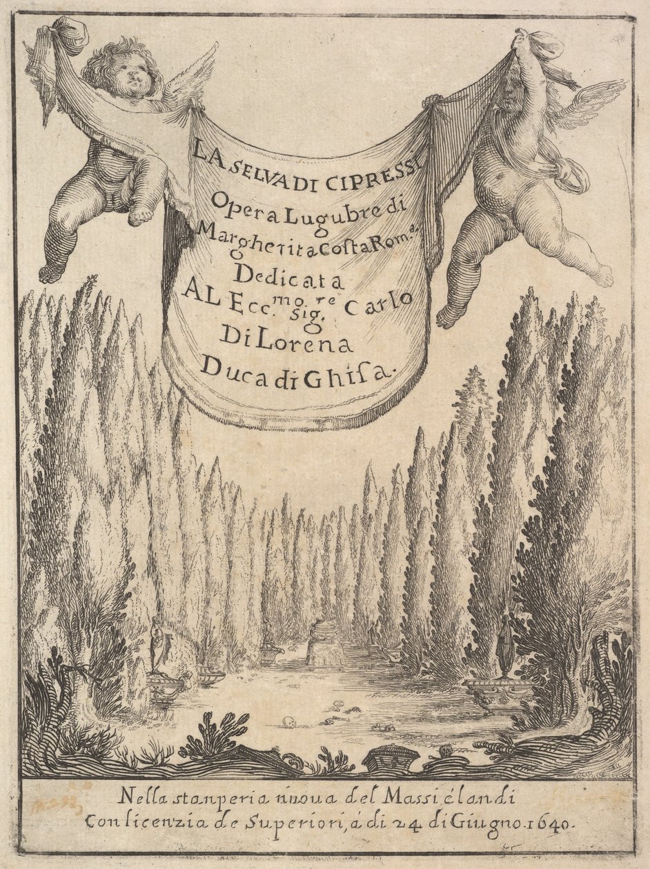 Frontispice for The Cypress Forest La selva di cipressi: to putti holder et billedvev i..., 1640. av Stefano della Bella