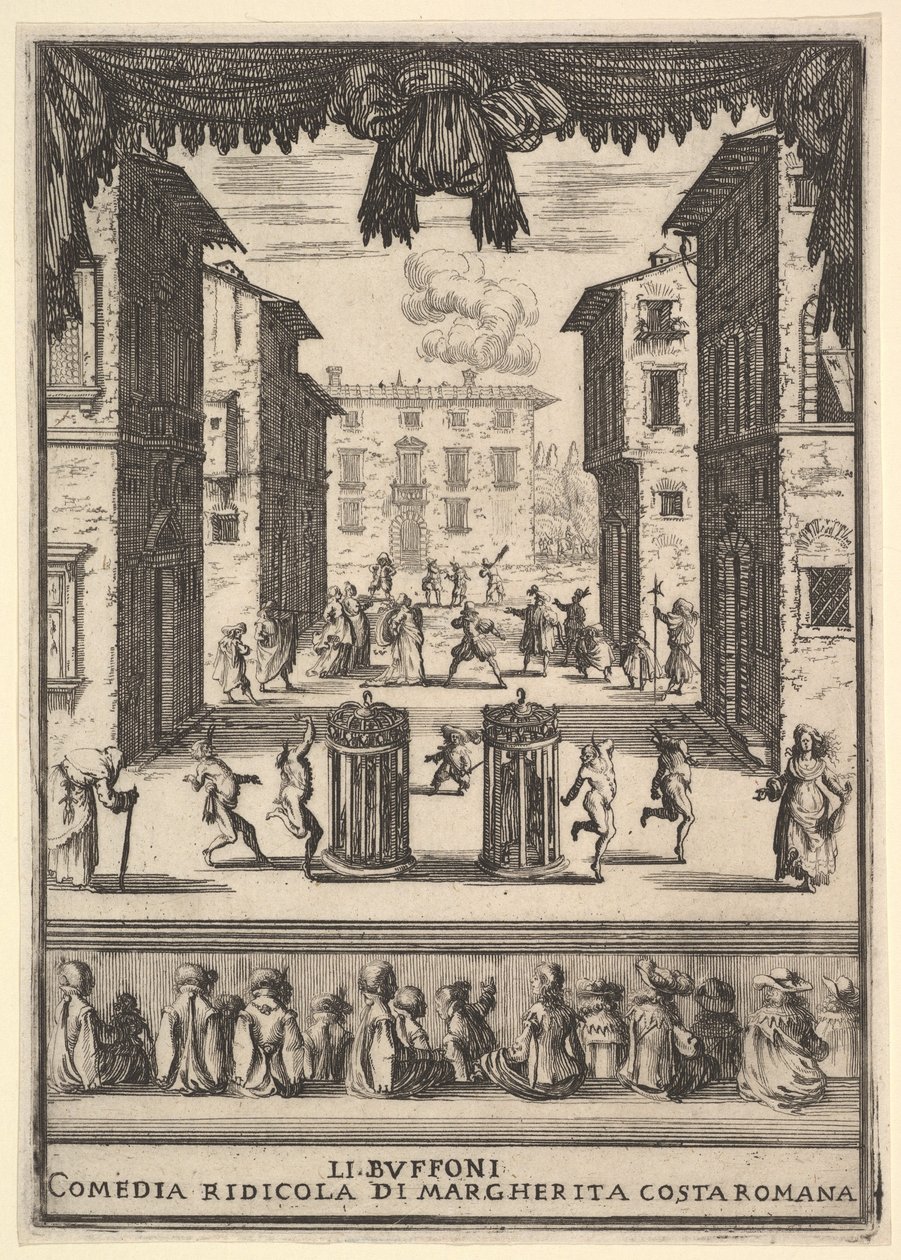 Frontispice for komedien The Buffoons Li Buffoni, et sett på scenen som ligner en pu..., 1639-41. av Stefano della Bella