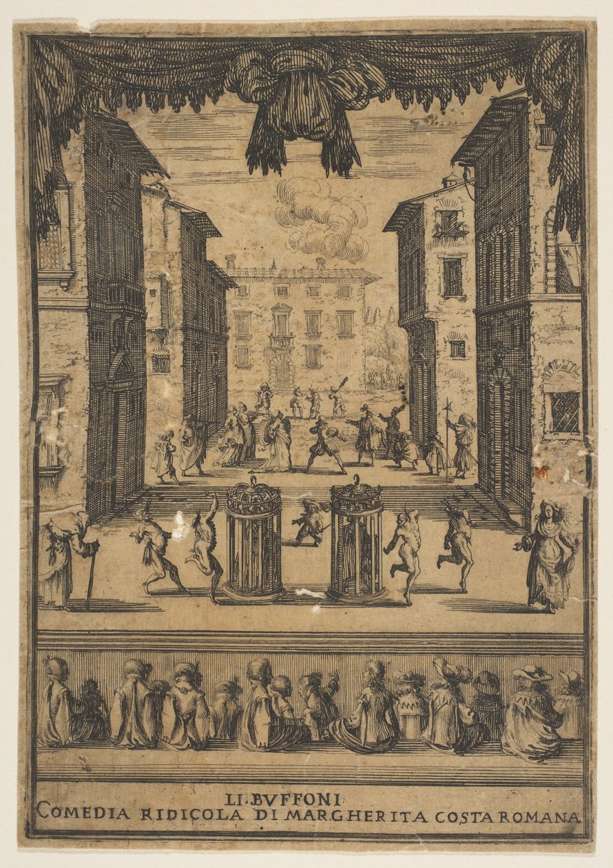 Frontispice for komedien The Buffoons Li Buffoni, et sett på scenen som ligner en p..., ca. 1639. av Stefano della Bella