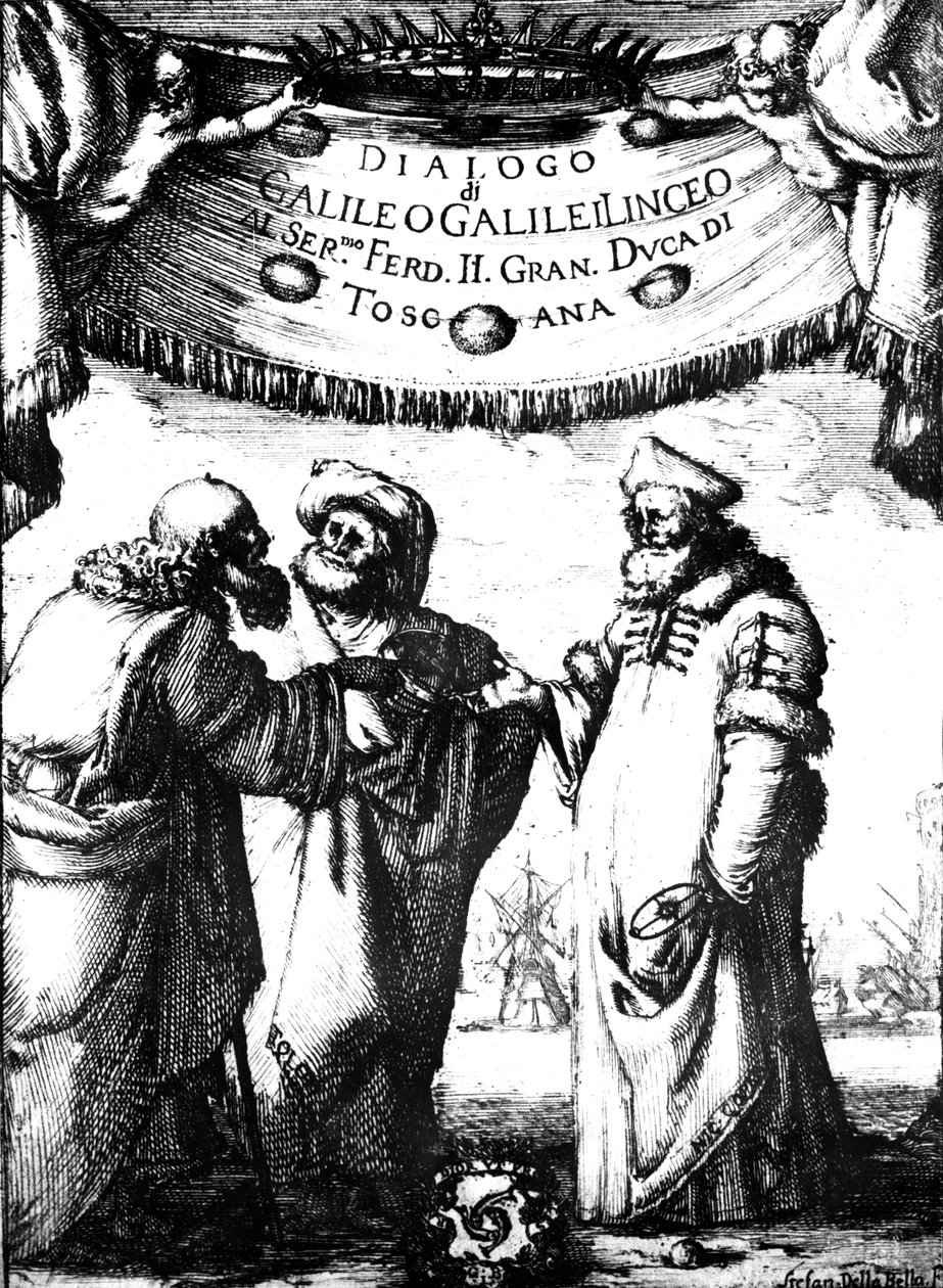 Frontispice av Galileos Dialogue of the Maximum Systems, 1632 av Stefano della Bella