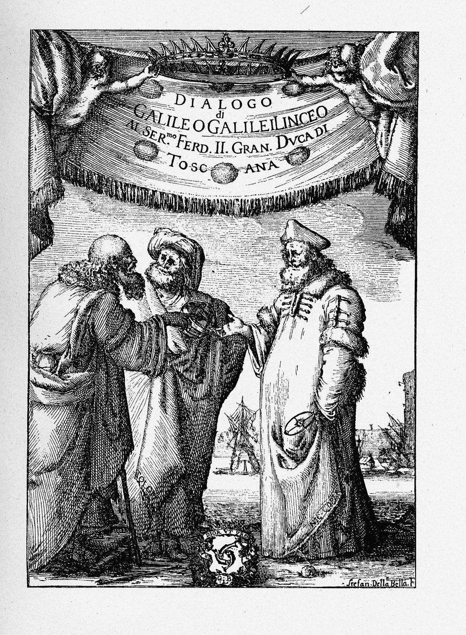 Frontispice av dialogen om de to viktigste verdenssystemene av Galileo Galilei, 1632 av Stefano della Bella