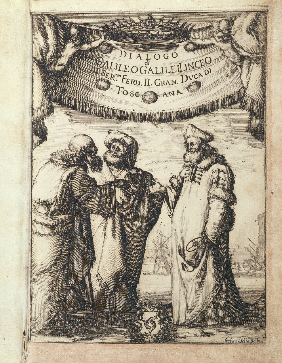 Galileo (til venstre) samtaler med Ptolemaios (i midten) og Copernicus, illustrert frontispice fra Dialogo sopra i due Massimi Sistemi del Mondo, Tolemaico e Copernicano (Dialog om to ledende verdenssystemer, ptolemaisk og kopernikansk) av Stefano della Bella