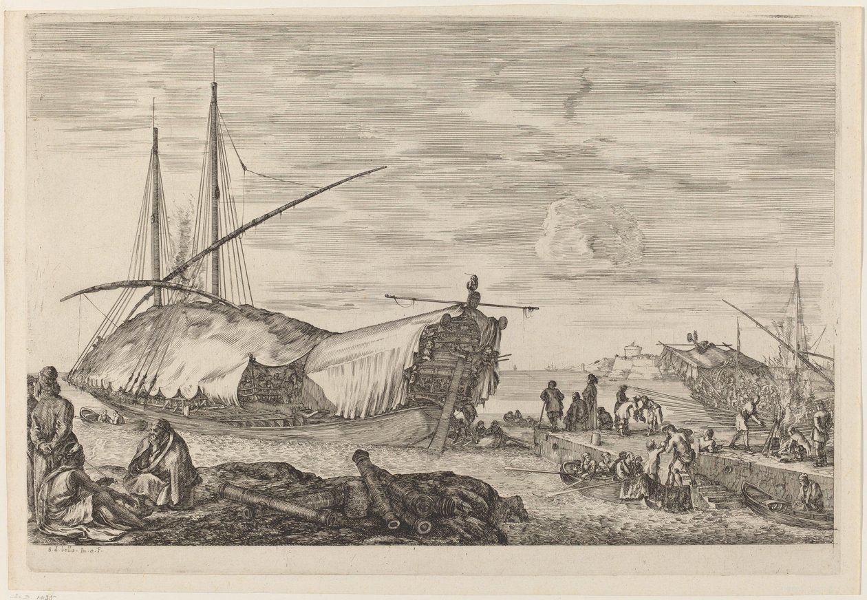 Bysse med dekk dekket med seil, sannsynligvis ca. 16541655. av Stefano della Bella