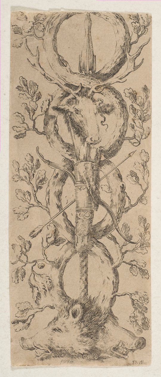 Hoder av en hjort og to villsvin i Rinceaux of Oak Branches, ca. 1653. av Stefano della Bella