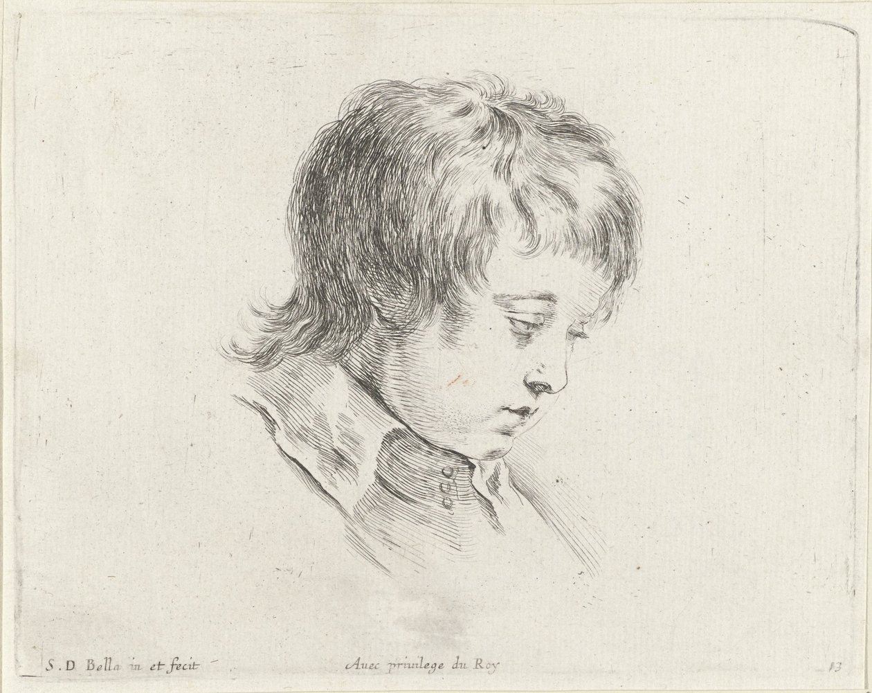 Hodet til en ung mann, ser ned til høyre Grunnleggende om tegning (serietittel) I principii del disegno (serietittel) av Stefano della Bella