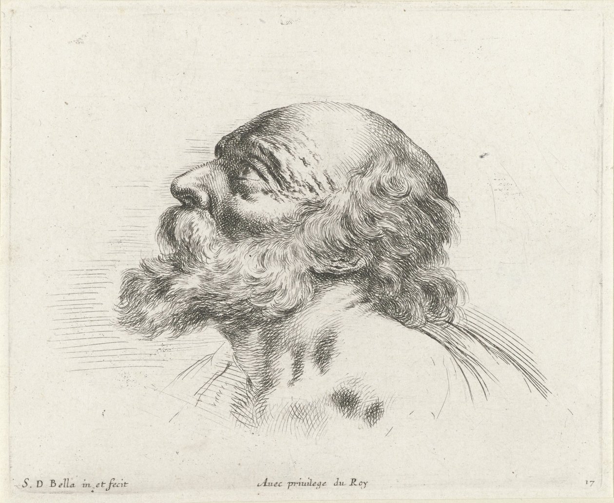 Hodet til en skallet gammel mann med skjegg, i profil til venstre (muligens St. Peter) Grunnleggende om tegning (serietittel) I principii del disegno (serietittel) av Stefano della Bella