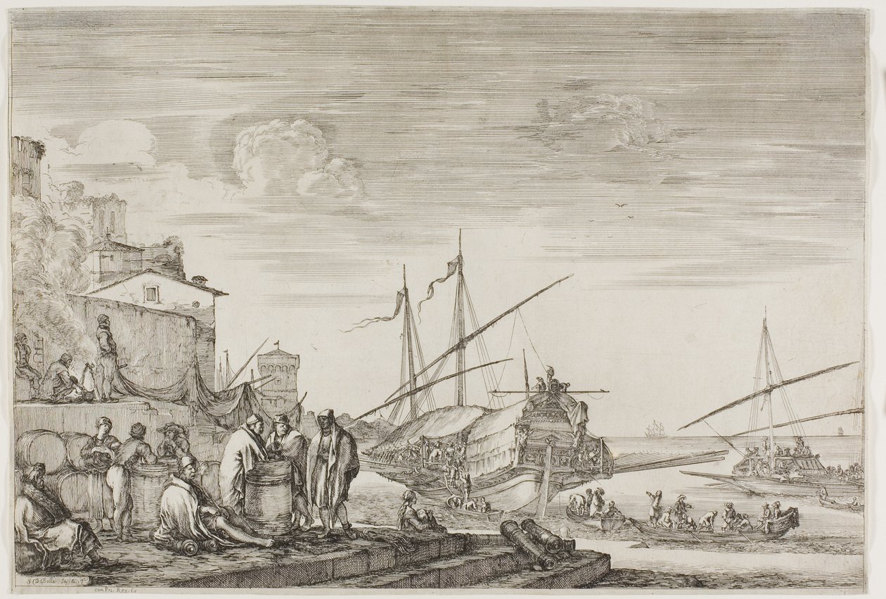 Utsikt over havnen i Livorno: Hus med utsikt over en havn av Stefano della Bella